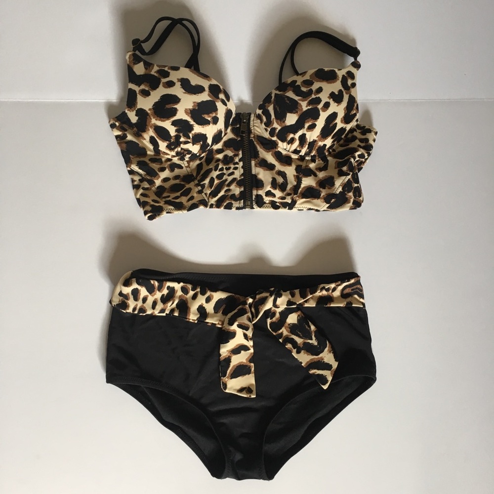 Black&Leopard Two Pieces Swimsuit(High Waist)